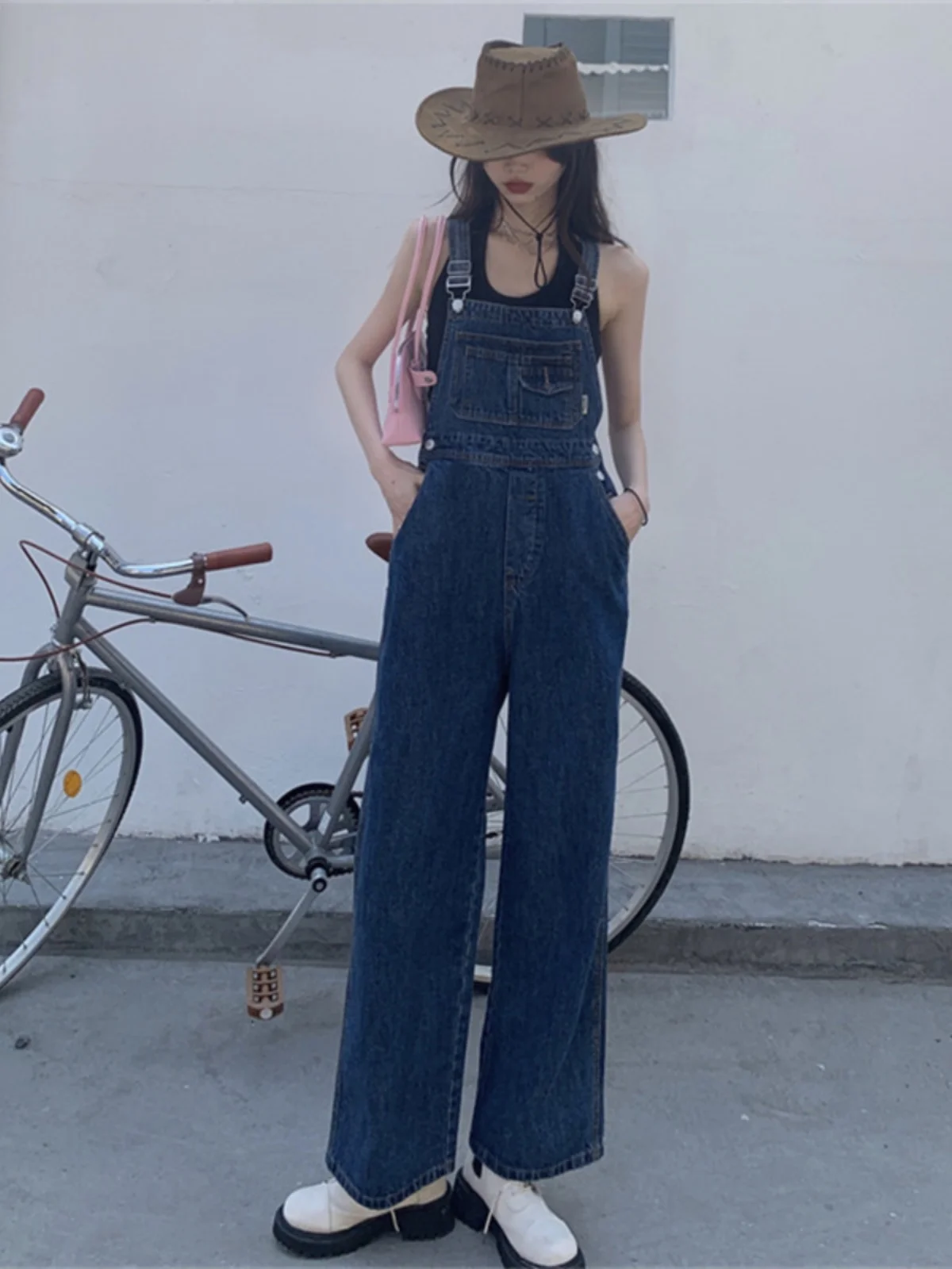 

Vintage Denim Overalls Women's Spring Autumn High Waist Long Pants Anti-Wrinkle Jeans Blue Color Slimming Faionable