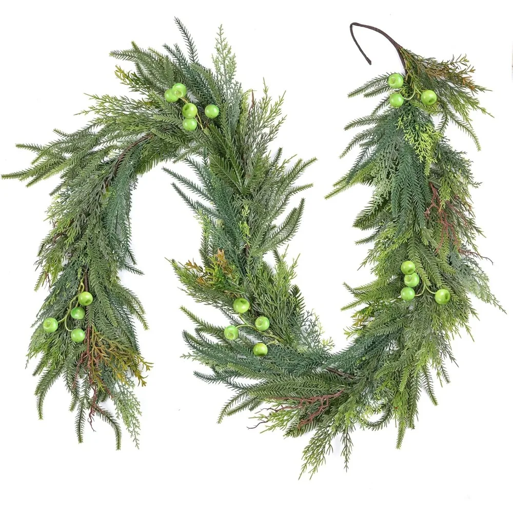 Guirnalda de pino decoración navideña, guirnalda de vegetación artificial hojas de pino Norfolk para temporada navideña Mantel chimenea mesa Ru