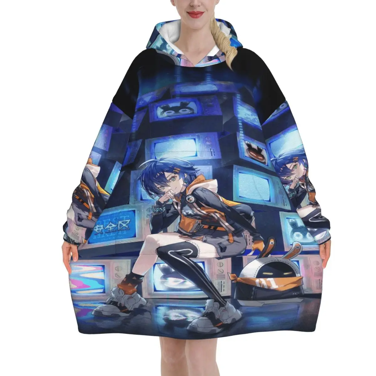 Oversized Zenless Zone Zero Wearable Blanket Gifts for Women Men Ultrasoft Plush Warm Sweatshirt Blankets With Pocket