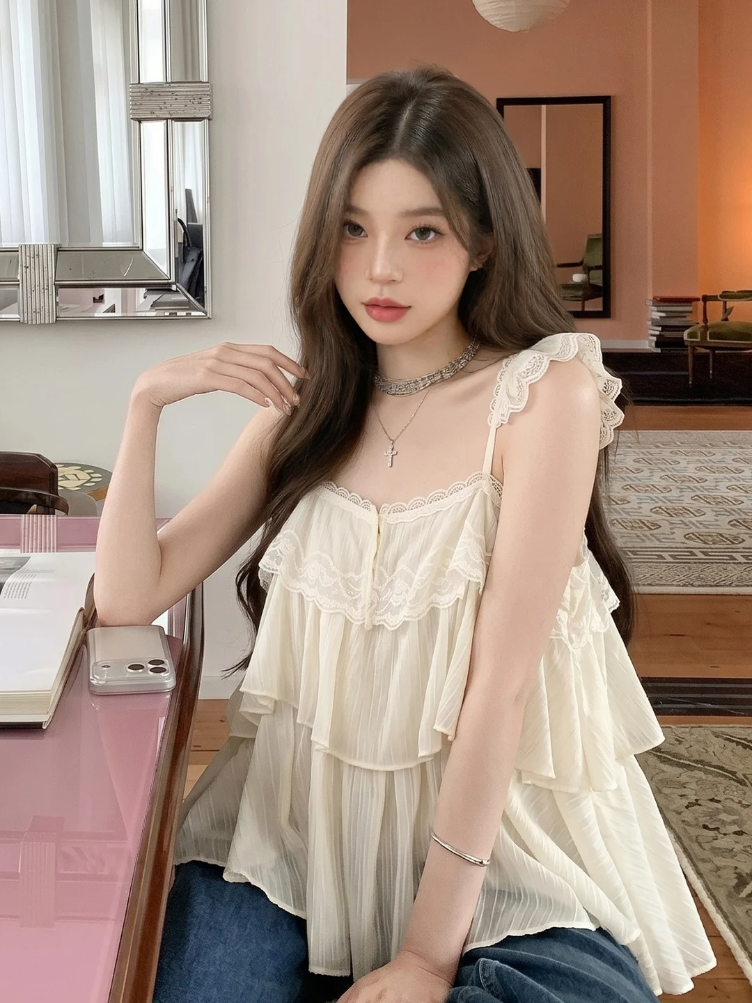 French Style Holiday Lace Trim Halter Top Women's Lazy Fly Sleeve Ruffle Layered Shirt Casual Loose Fit Summer Fashion