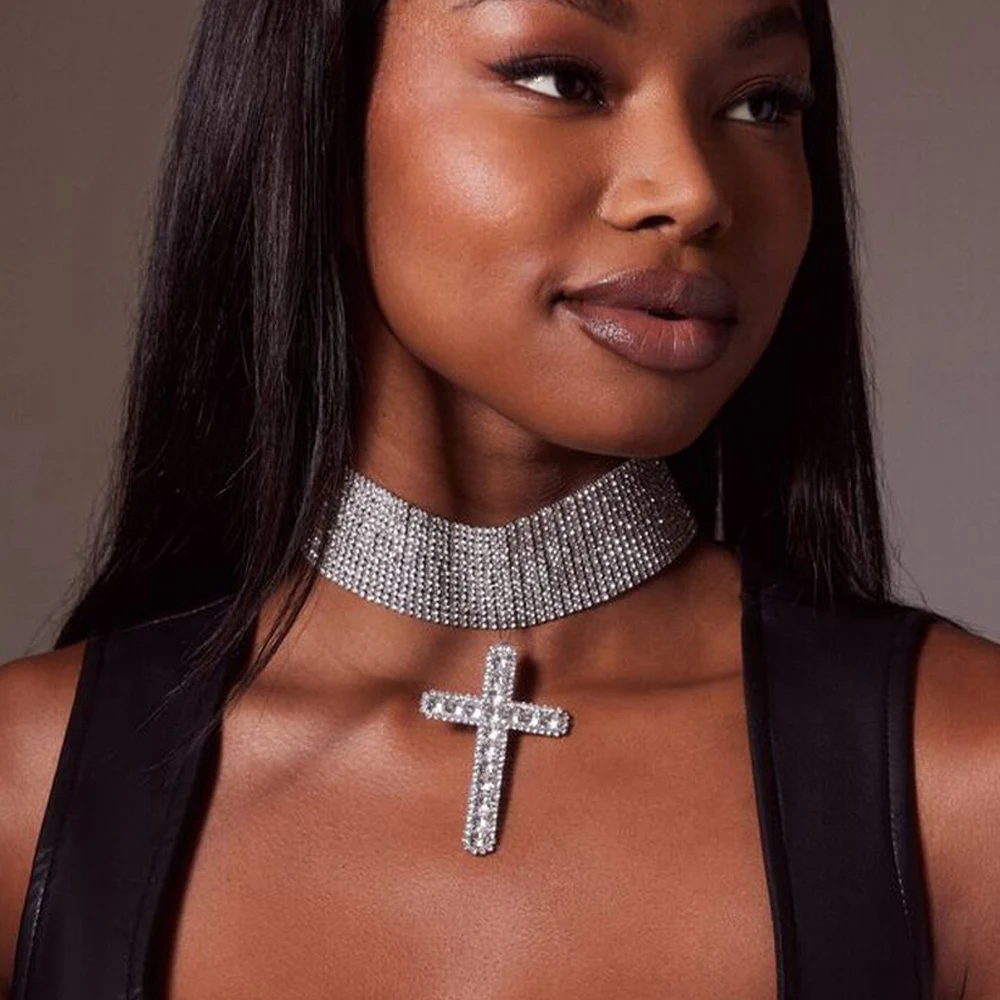 XSBODY Fashion Baroque Cross Pendant Choker Necklace Indian Jewelry Delicate Gift Y2k Rhinestone Collar Chain Handmade Nightclub