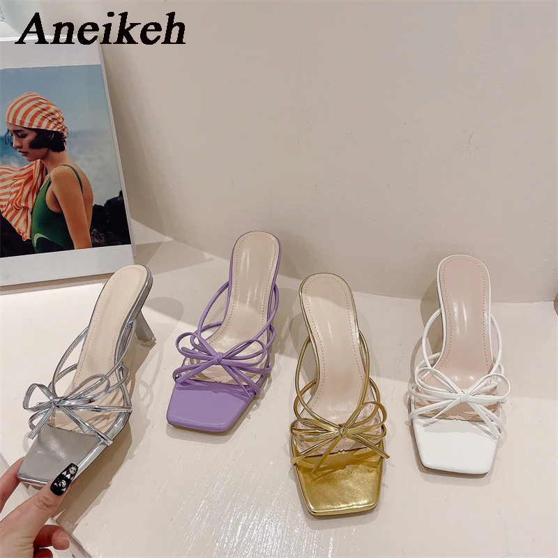 Aneikeh Women Bowtie Square Head Mid Heel Slippers 2024 Summer  PU Open Toe Outdoor Non Slip Casual Shoes Size 35-39