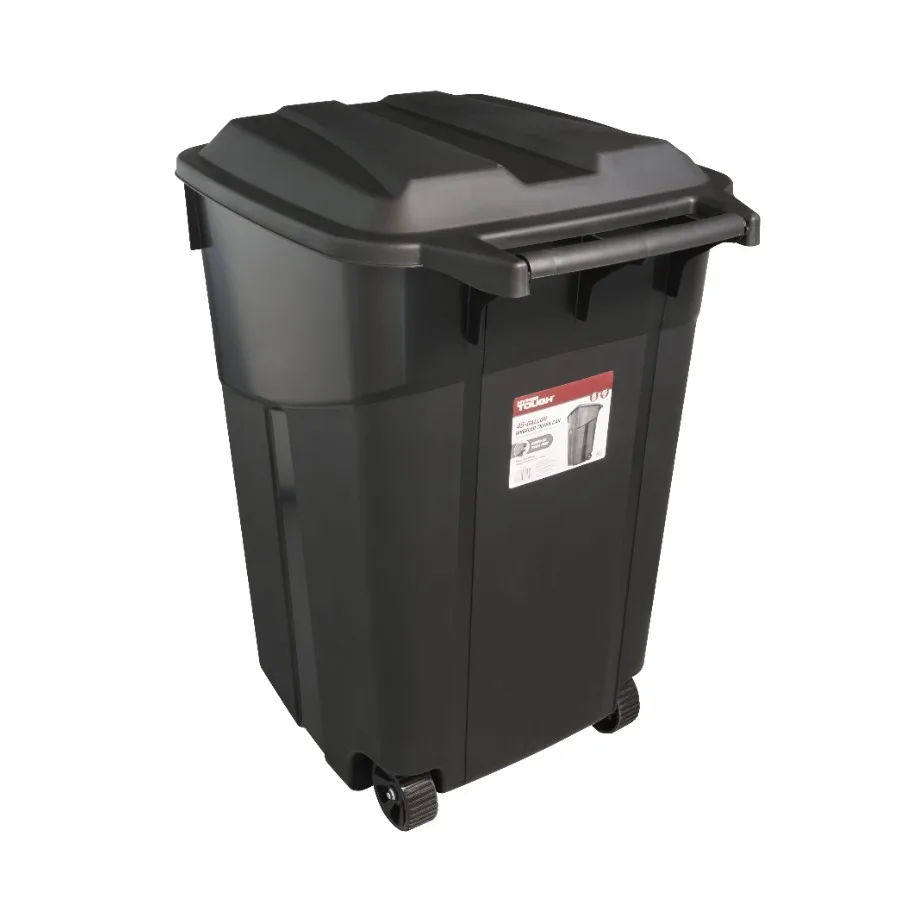 

45 Gallon Wheeled Heavy Duty Plastic Garbage Can, Attached Lid, Black