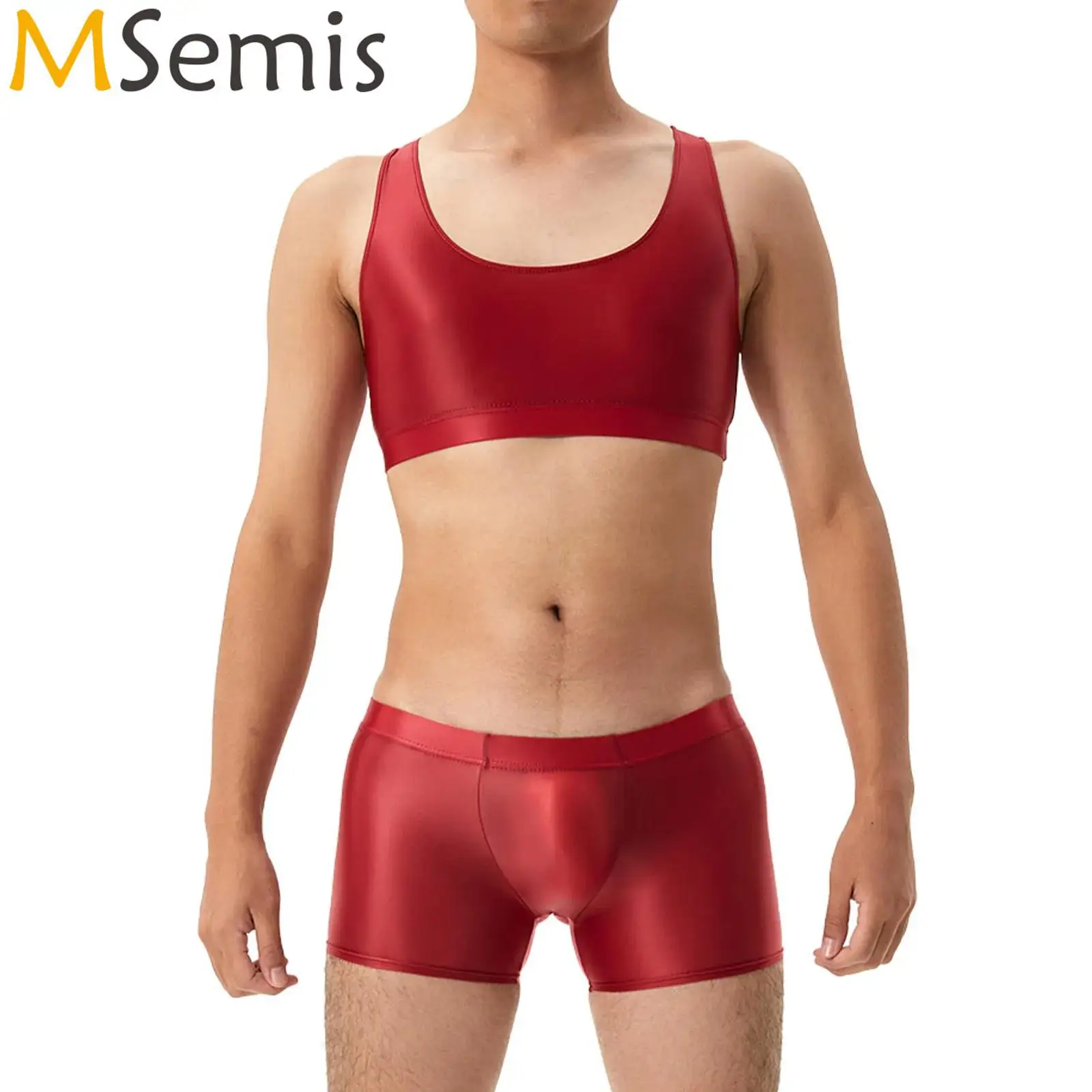 Mens Two Pieces Training Swimwear Oil Glossy Swimsuit Set Sleeveless U Neck Racerback Crop Top with Boxer Briefs Underwear