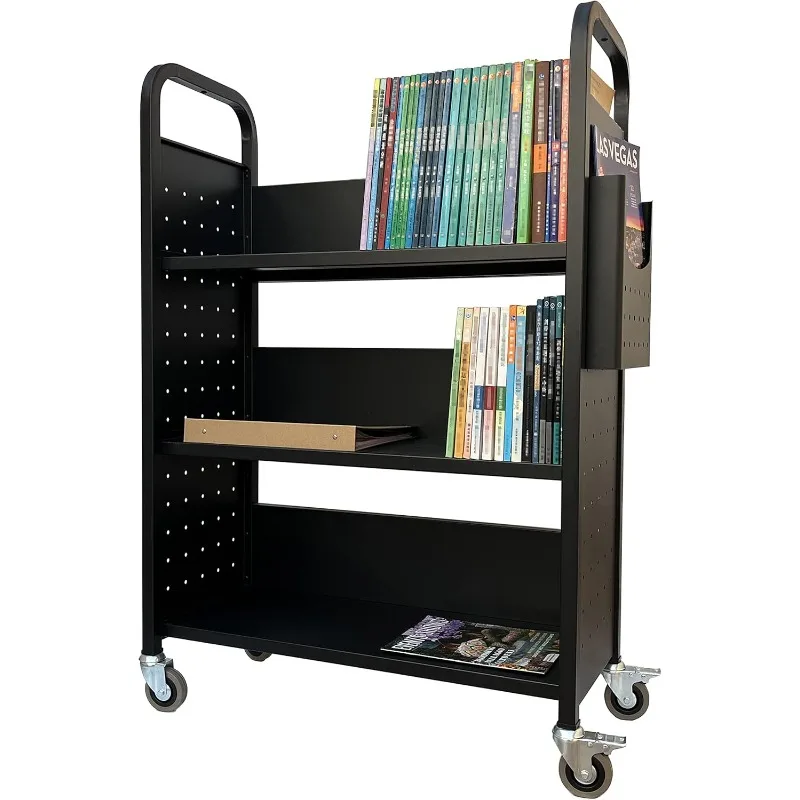 Rolling Book Truck Book Cart with 3 Flat Shelves, Library Book Cart with Swivel Lockable Casters 3001 Black