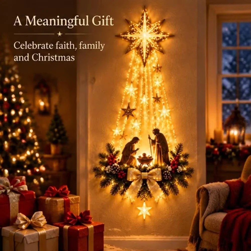 Decoración de Pared de Nacimiento Iluminada con Estrella de la Fe de Belén, Adorno Colgante Navideño Brillante, Luces LED para Interiores, Iluminación Cálida
