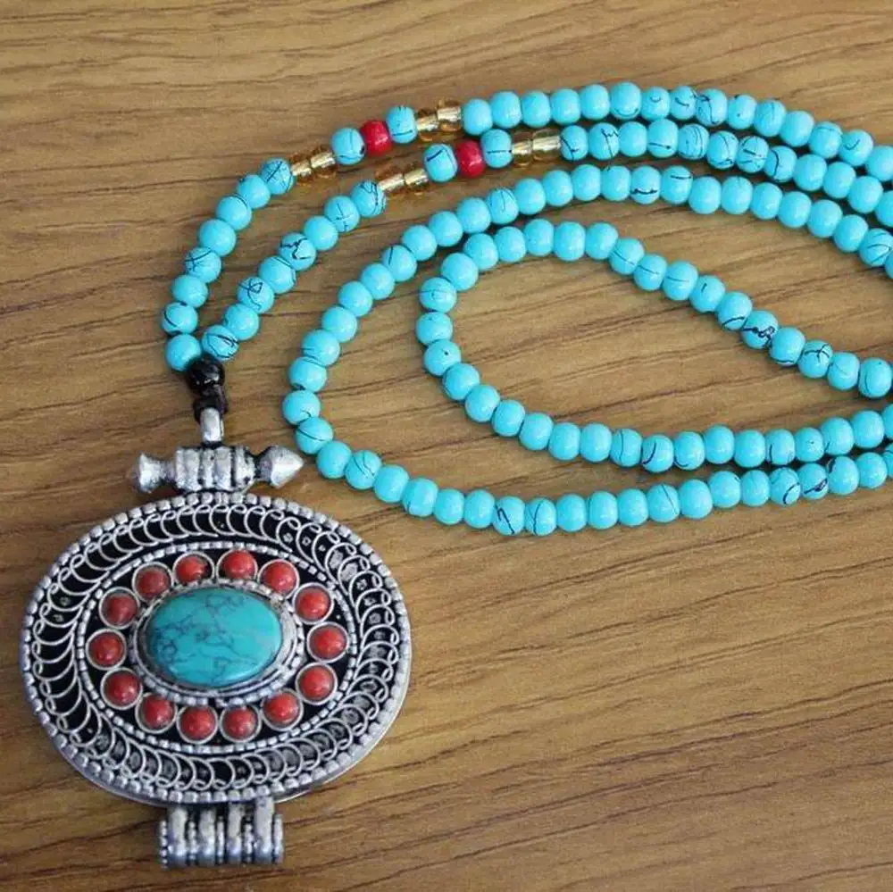 PN882 Tibetan Silver Inlaid Turquoises Coral Beads Filigree Handmade Prayer Box Gau Pendant Necklace