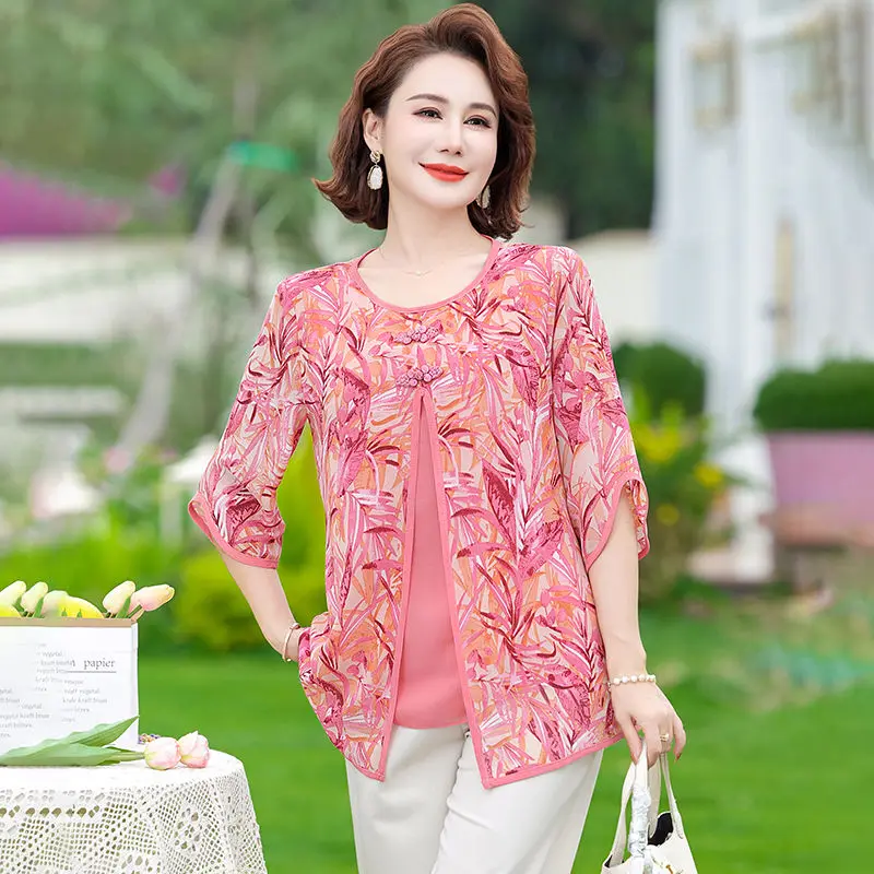 

Новая женская шифоновая рубашка среднего возраста в китайском стиле, искусственная двухсекционная элегантная летняя рубашка с тонким животом, закрывающая живот