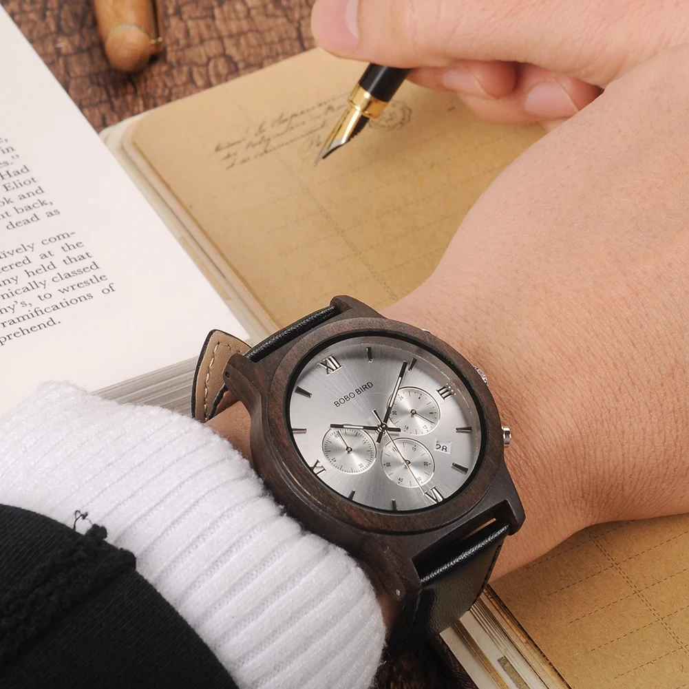 Деревянные мужские часы BOBO BIRD, индивидуальное имя, задняя крышка, текст, кварцевые наручные часы, светящиеся часы, кожаный ремешок, дропшиппинг