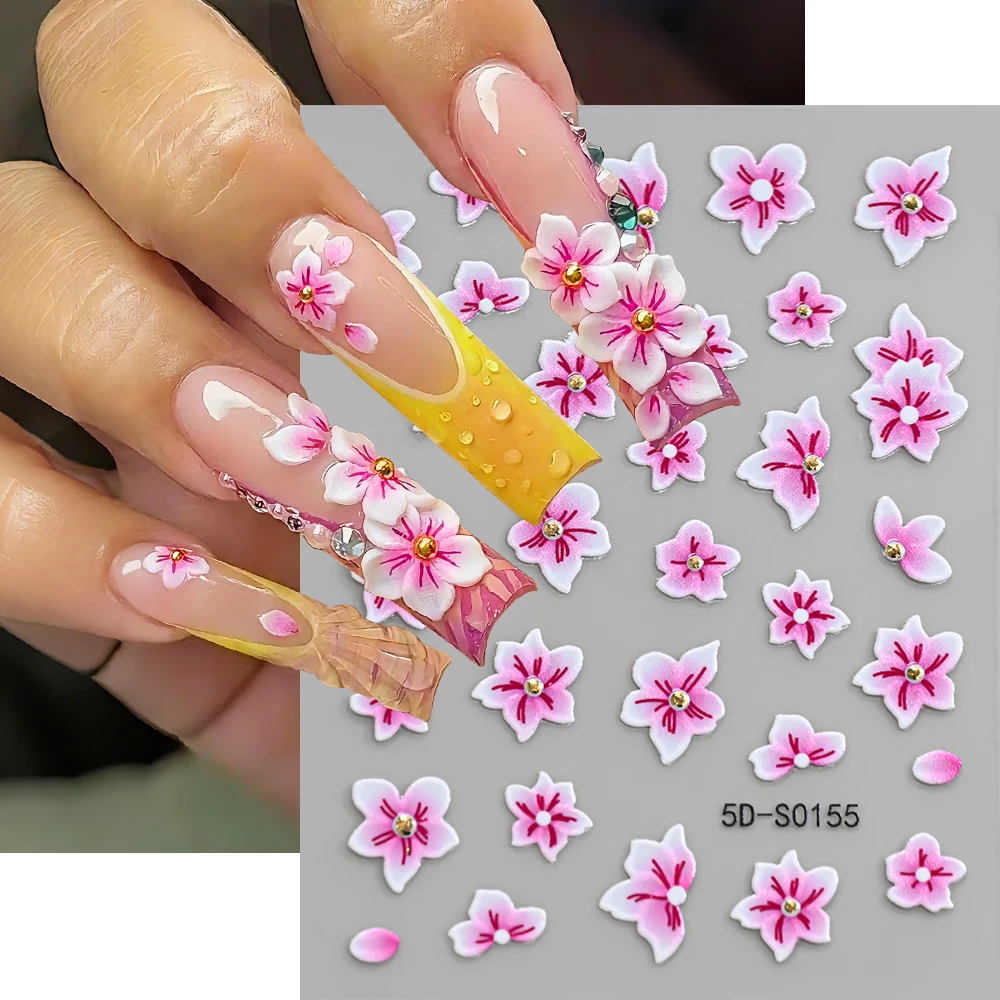 2Pcs 5D Blossom Pink&Purple Lily Flower Nail Sticker Bronzing Bead Five-Petal Flowers Decal Adhesive Pink Lily Flower Slider