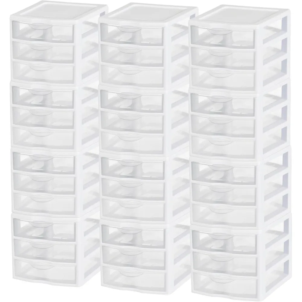 

12-Pack ClearView 3-Drawer Cart, Small Plastic Storage Organizer Drawers, White - Organizing Drawer Containers for Bathroom, Cl
