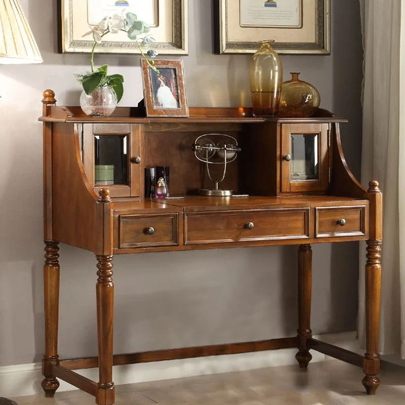 American Style Solid Wood Dresser with Flip Desk, Multifunctional Integrated Makeup Storage Cabinet, European Design