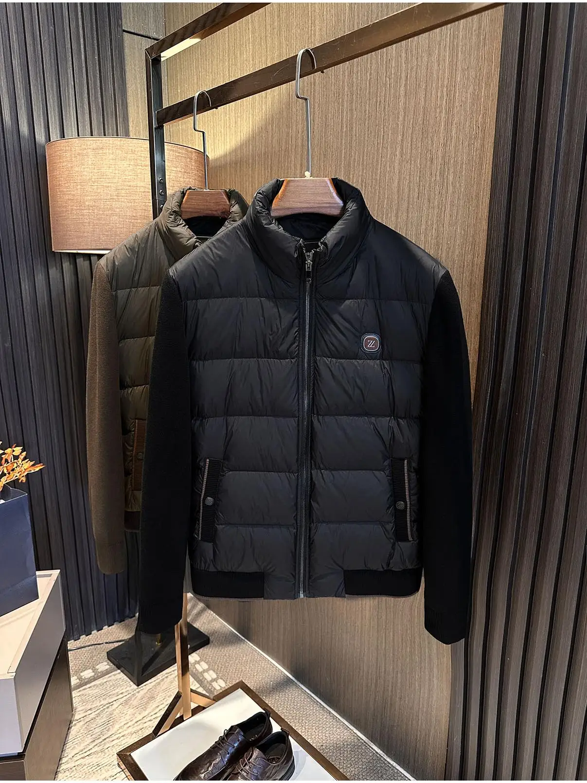 

Итальянский роскошный легкий теплый мужской вязаный лоскутный воротник-стойка, универсальный легкий деловой повседневный пуховый топ