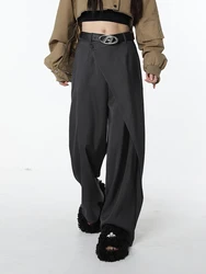 Korean Fashion High Street Wide Leg High Waist Pants Women's Asymmetrical Designed Loose Office Lady Leisure Female Trouser