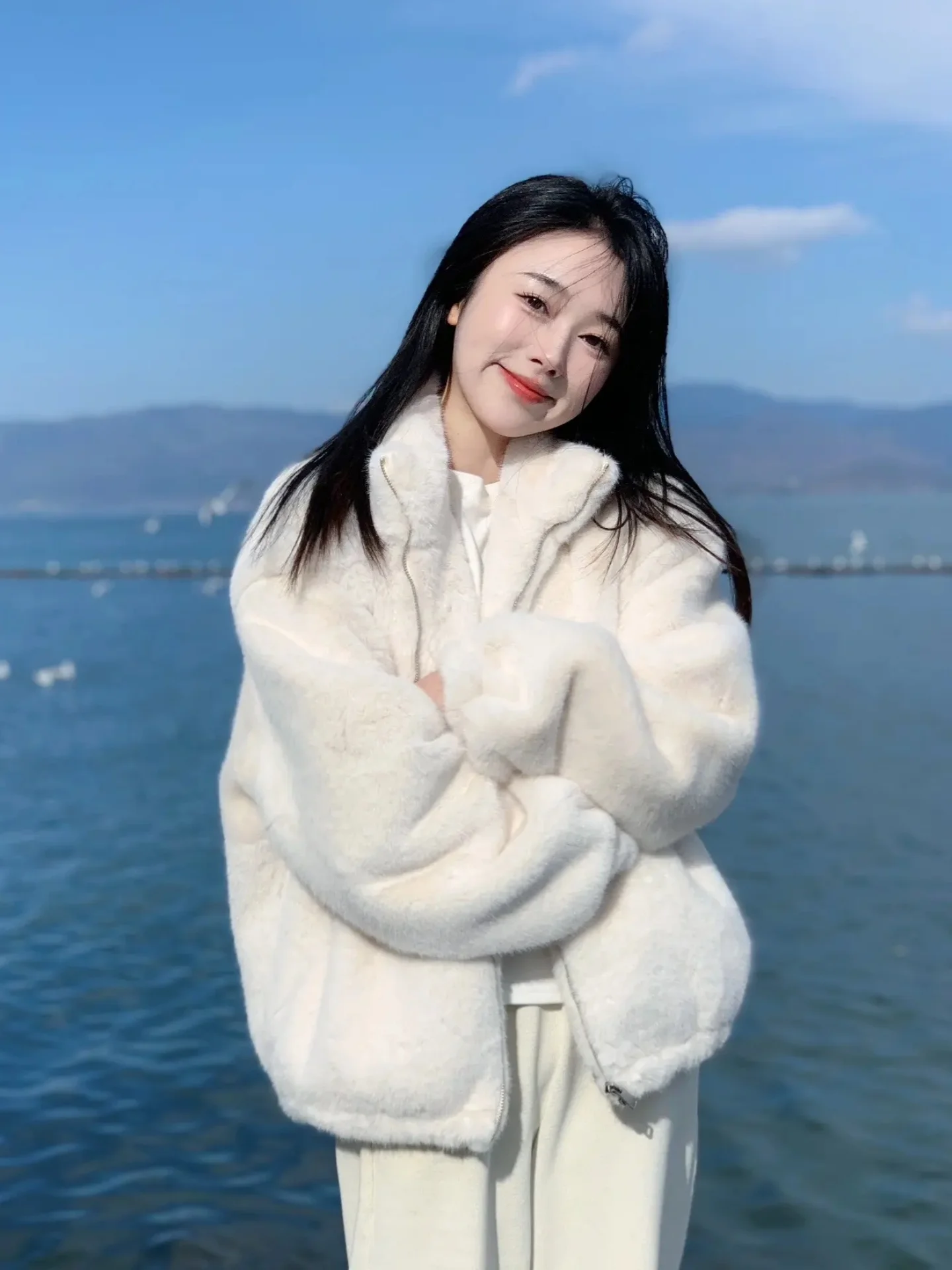 

Double-Sided Faux Rabbit Fur Cotton Jaet Thi Warm Stand Collar Winter Coat for Couples Youth ular Loose Fit Zipper Clo...