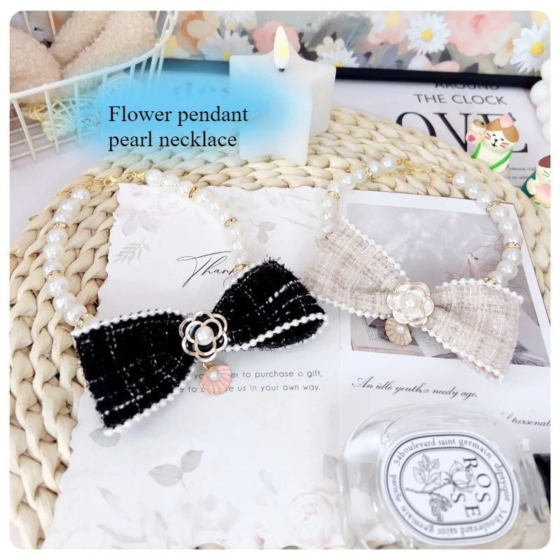 

Handmade Camellia Pearl Cat Necklace Collar for Devon Rex Sphynx Luxury Pet Jewelry Resin Beads Choker for Cats Accessories