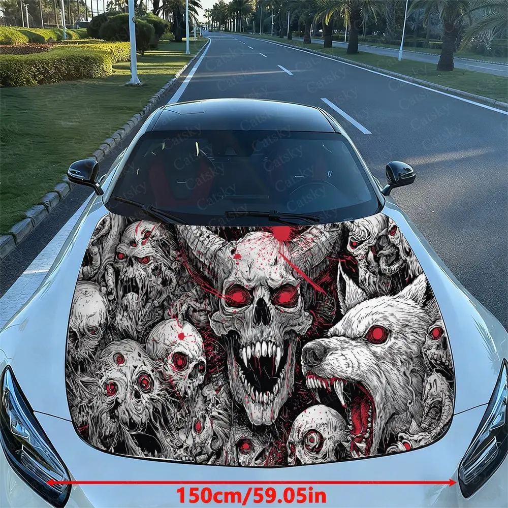Dark Horror Skulls & Demons Car Vinyl Wrap, PVC Waterproof Car Hood Sticker, Self-Adhesive Scratch-Resistant Stickers