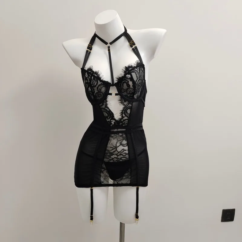 

Black Corset and Bustier Dress Female Lace Floral Gothic Sleepwear Transparent Strap Temptation Sexy Lingerie Body Nightgowns
