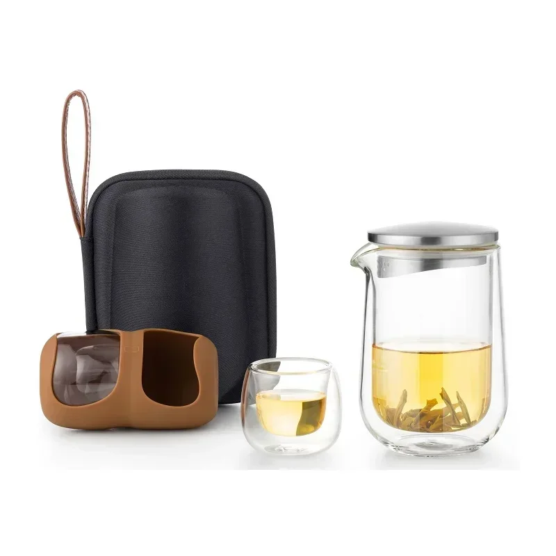 Portable travel glass tea set with one pot, two cups, and a quick guest cup to brew tea at will