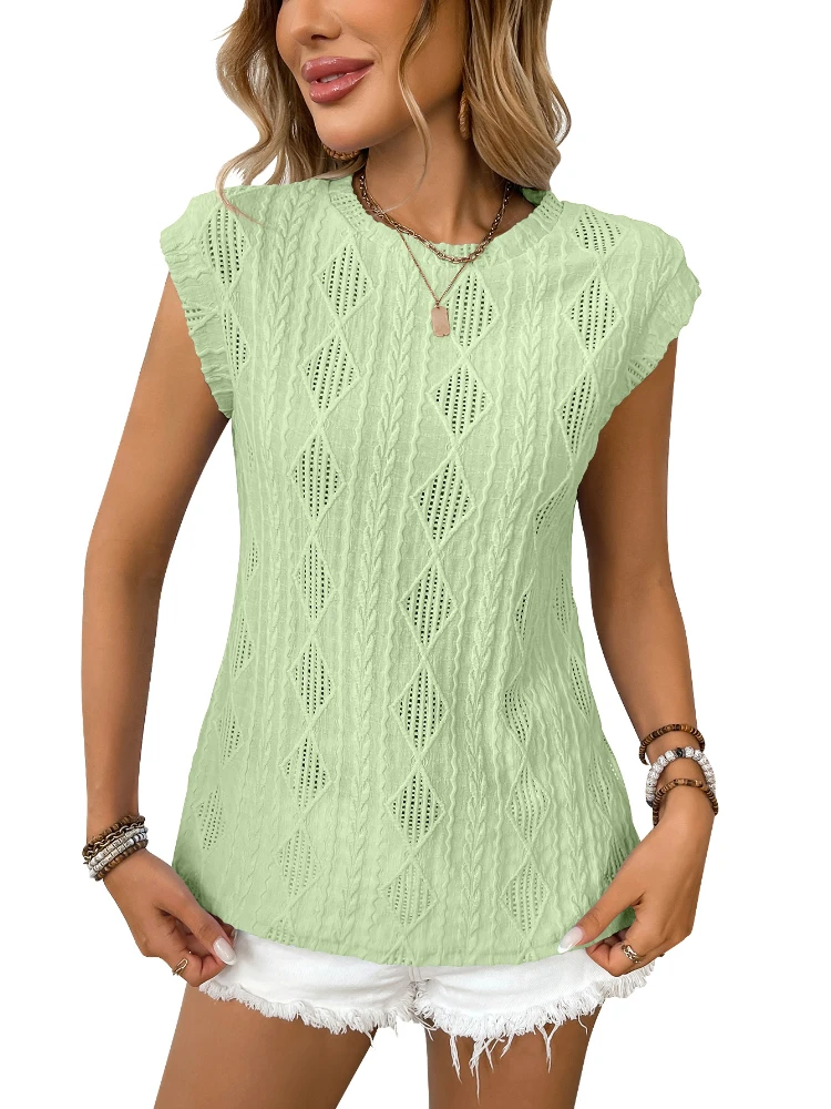 2025 Zomer Nieuwe Europese en Amerikaanse Vrouwen Kleding Effen Ronde Hals Jacquard Korte Mouw Losse T-shirt Vest Vrouwen Tops