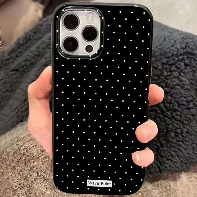

Korean Creative White Polka Dot Phone Case For iPhone 17 16 Pro 15 14 Plus 13 12 11 Pro Max 7 8 Plus 16E 17Air Black Soft Cover