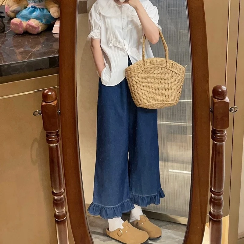 

2024 New Arrival Summer Women Ruffles Patchwork Cotton Denim Calf-length Pants Elastic Waist Wide Leg Pants Mori Girl Jeans V985