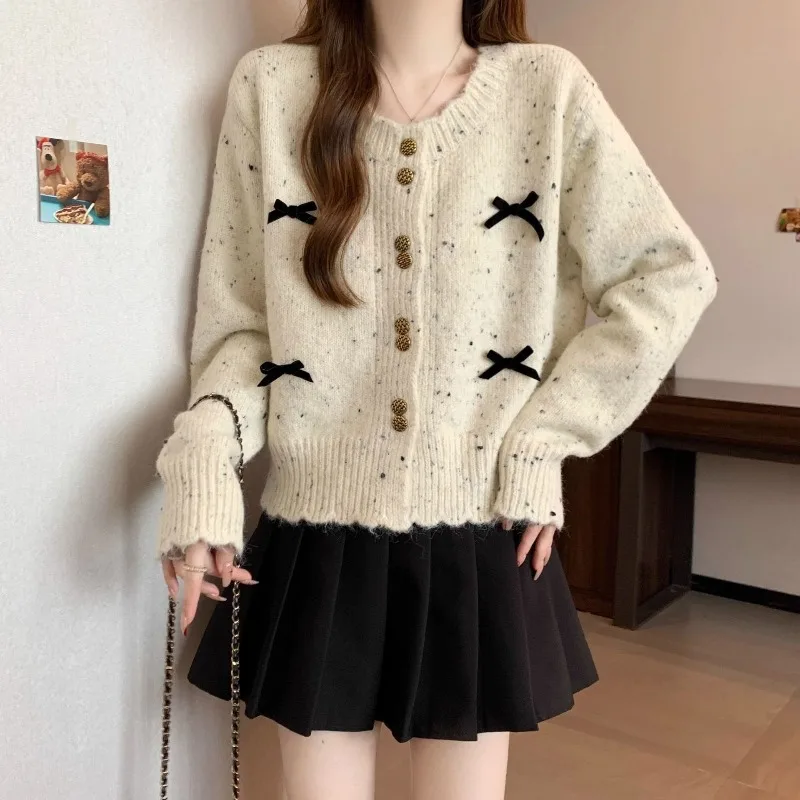 Coreano outono doce vento arco malha cardigan feminino de alta qualidade macio ceroso retro cor ponto camisola de malha casaco senhoras solto fino topo