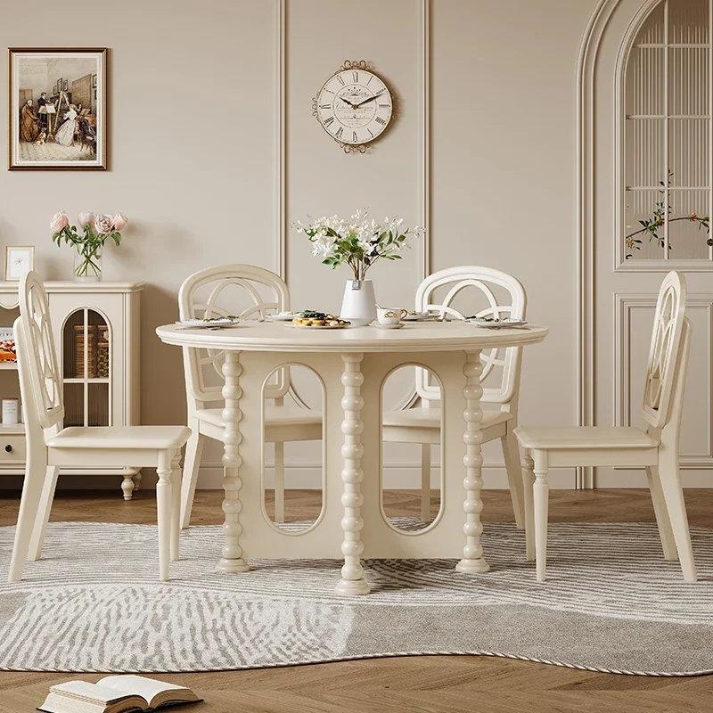French Cream Style All Solid Wood Round Dining Table Simple Restaurant White Dining Table