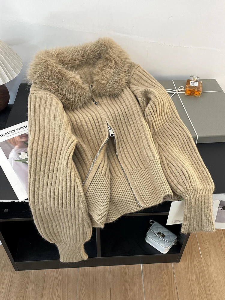 

Hooded Fur Collar Splicing Cardigan Coat Double Zipper Long Sleeved Sweater Jacket for Women's Autumn Winter Jumpers Tops