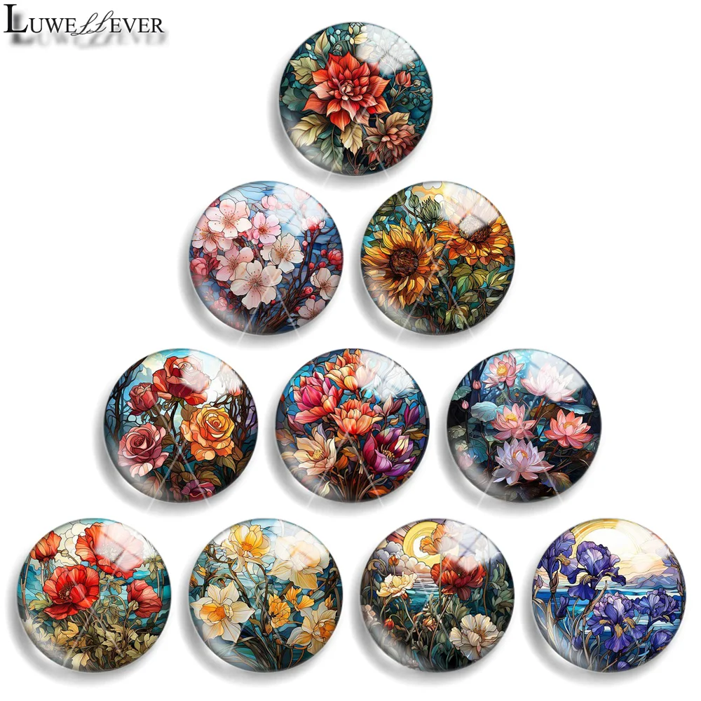 12mm 10mm 20mm 25mm 30mm 40mm 904 Flower Art Mix Round Glass Cabochon Jewelry Finding 18mm Snap Button Charm Bracelet