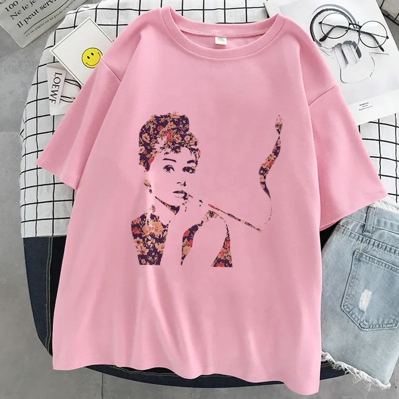 Audrey Hepburn Print Pink T-shirt Women New White O-neck Summer Tops Tshirt Harajuku Korean Aesthetic Streetwear Female T Shirt