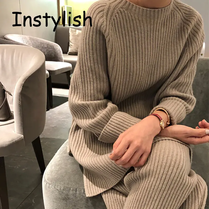 Women Elegant O Neck Loose Sweater and Wide Leg Knitting Trousers Suits Autumn Winter Two Piece Set Vintage Solid Jumper Outfits