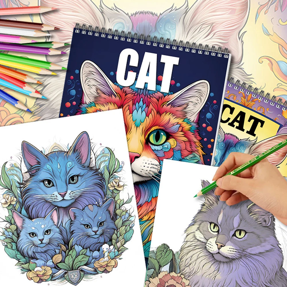 كتاب تلوين قطة الشفاء، مطبوع للكبار، من جانب واحد، 30 صفحة، فن يدوي الصنع للبالغين لتخفيف القلق والاكتئاب