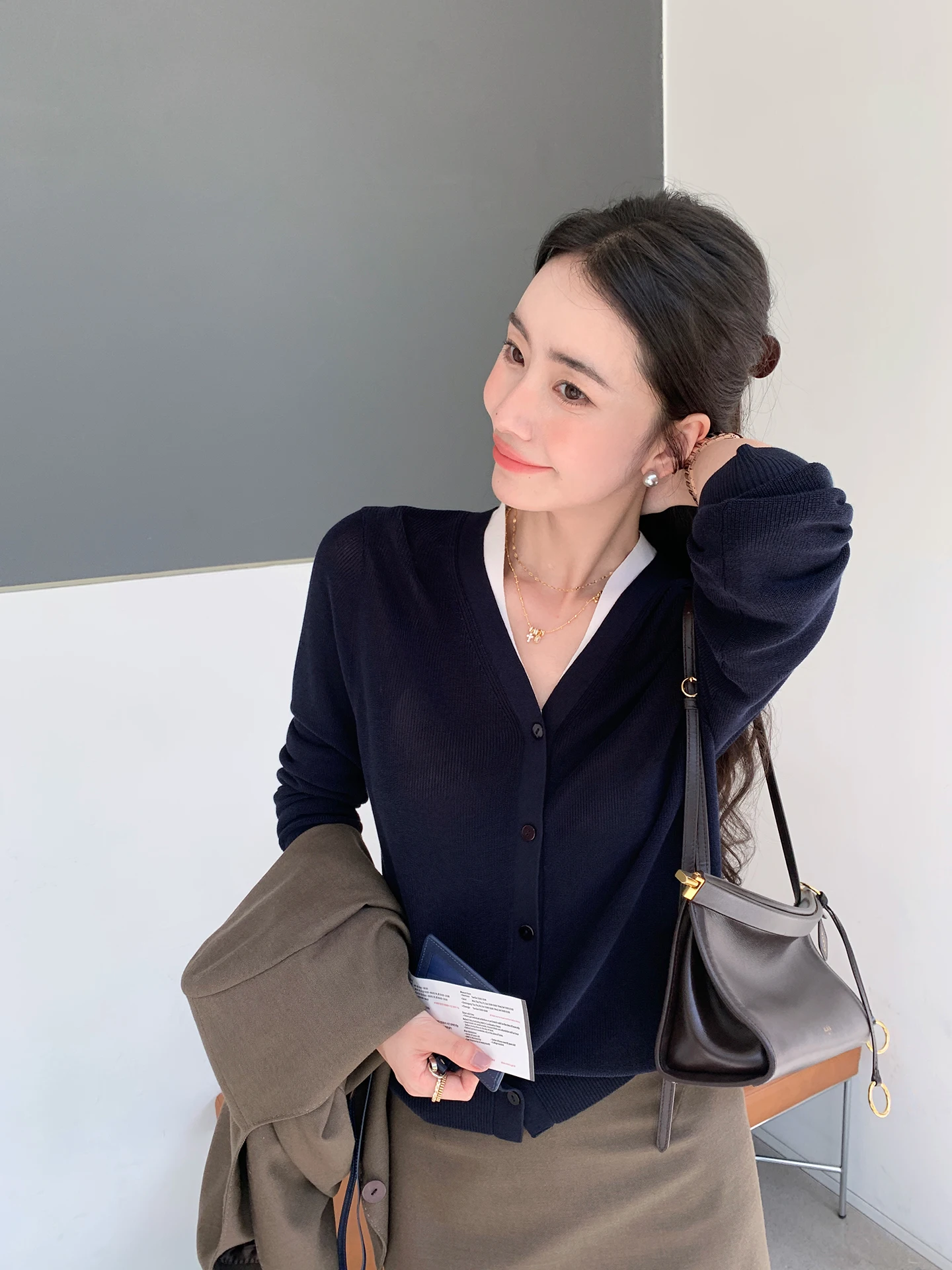 

Ele Slimming Acetate Cotton Open Cardigan Women's Faion Fake Two-Piece Knitted Top Sli Autumn Wear for Young Girls