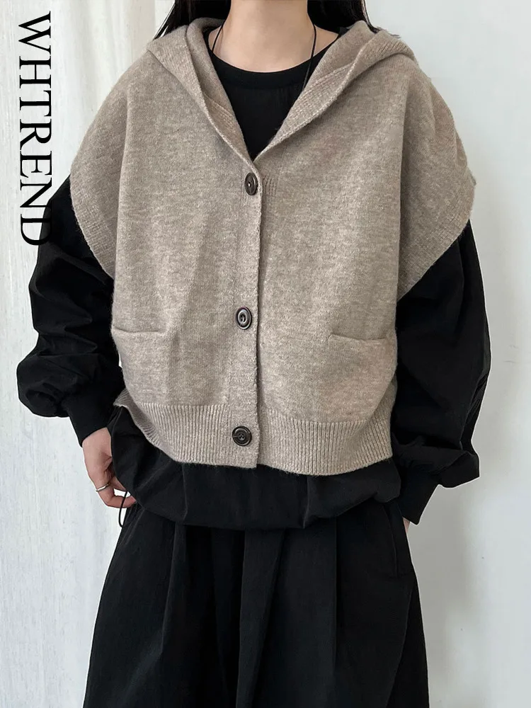

WHTREND Korean Style Loose Oversized Hooded Sleeveless Knitted Cardigan For Women Autumn New Layered Short Vest Sweater WH1481
