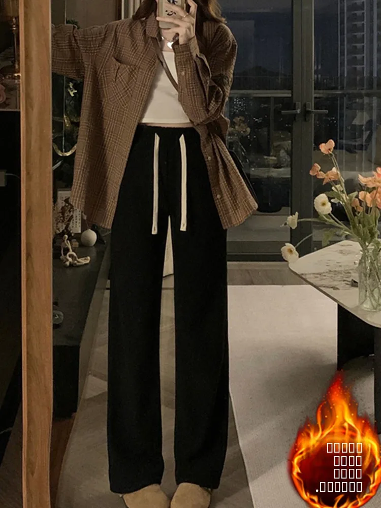 

Женские утепленные брюки с высокой талией, широкими штанинами и прямым кроем, осенне-зимние, больших размеров, с поясом, длинные, с эффектом стройности ног