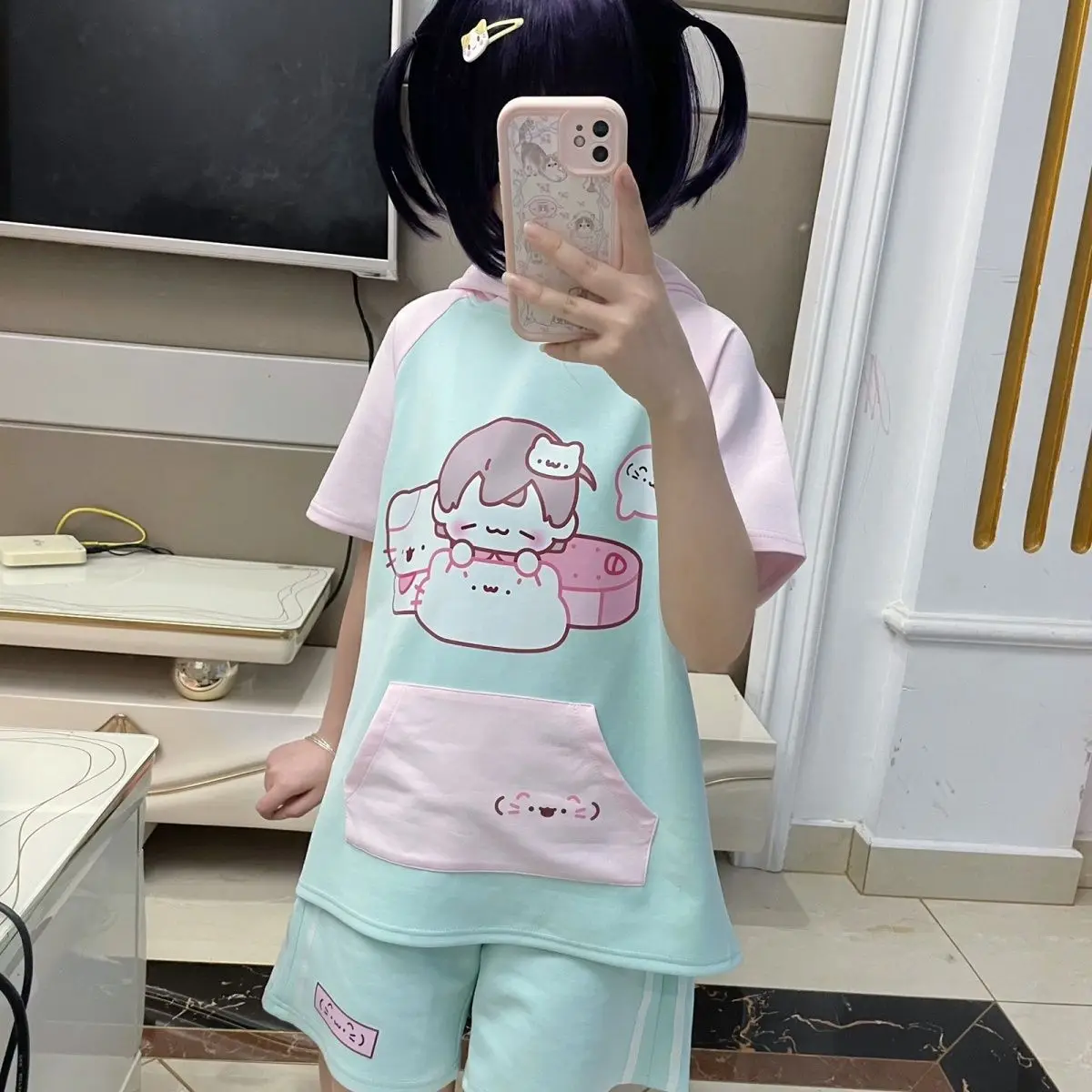 Original süße weiche Mädchen Casual All Match 2-teilige Sets Damen Outfits Kurzarm Pullover Hoodie + Shorts Frauen Y2k Anzüge
