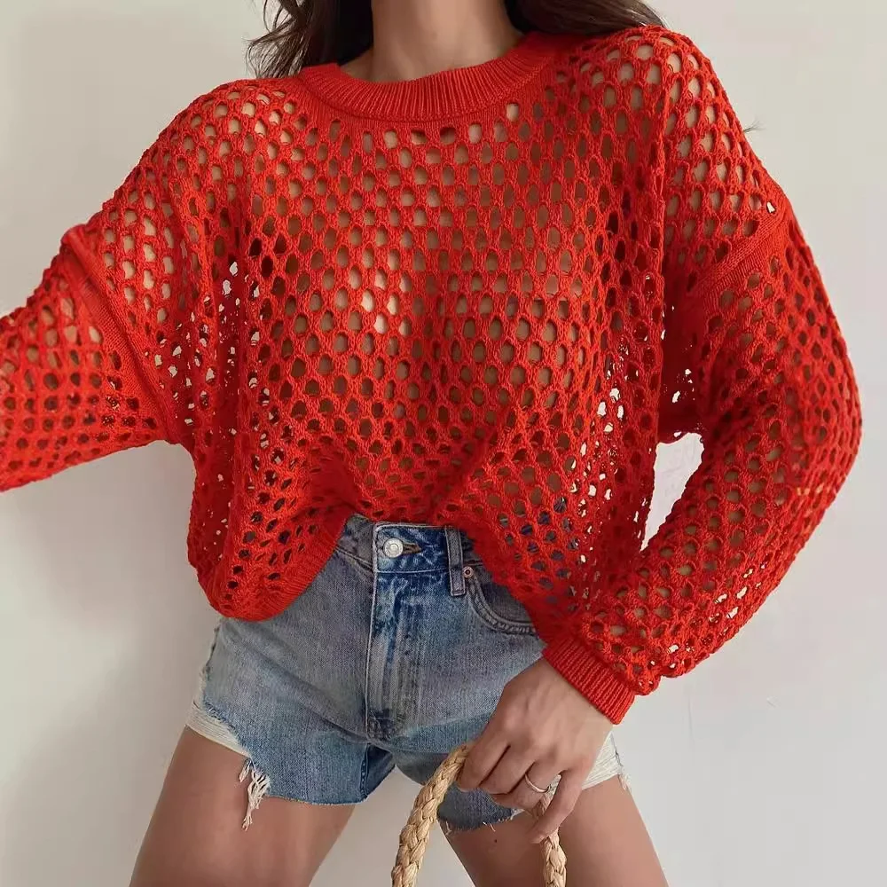 Loose Knitted Sweater Hollow out Bell Sleeve round Neck Women's Spring Summer New Style Cleanfit Citywalk Cotton Long Sleeve