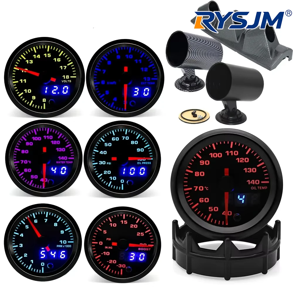 12V 2" 52MM PSI 7-Farben-LED-Dualanzeige für Ladedruck, Wassertemperatur, Öltemperatur, Öldruck, Volt, Luft-Kraftstoff-Verhältnis, EGT, Drehzahlmesser, Auto-RPM-Anzeige