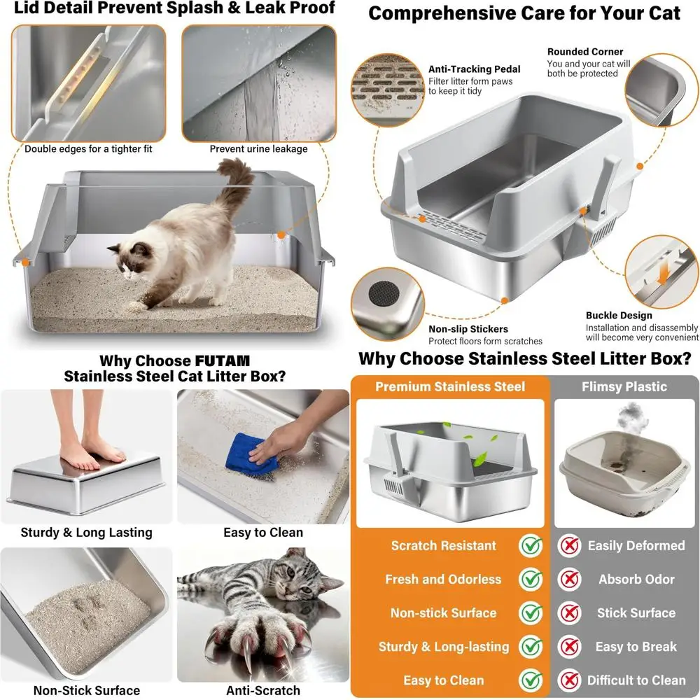 

Очень большой металлический лоток для кошек с крышкой, высокими бортиками для нескольких кошек, открытая конструкция, для использования в помещении, в комплекте коврик и совок, простая установка.