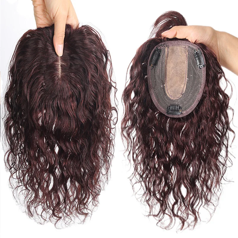 Topper de seda com clip para mulheres, peruca encaracolada com Franja, respirável e macio, cabelo humano real, cor marrom, B13 x 15cm