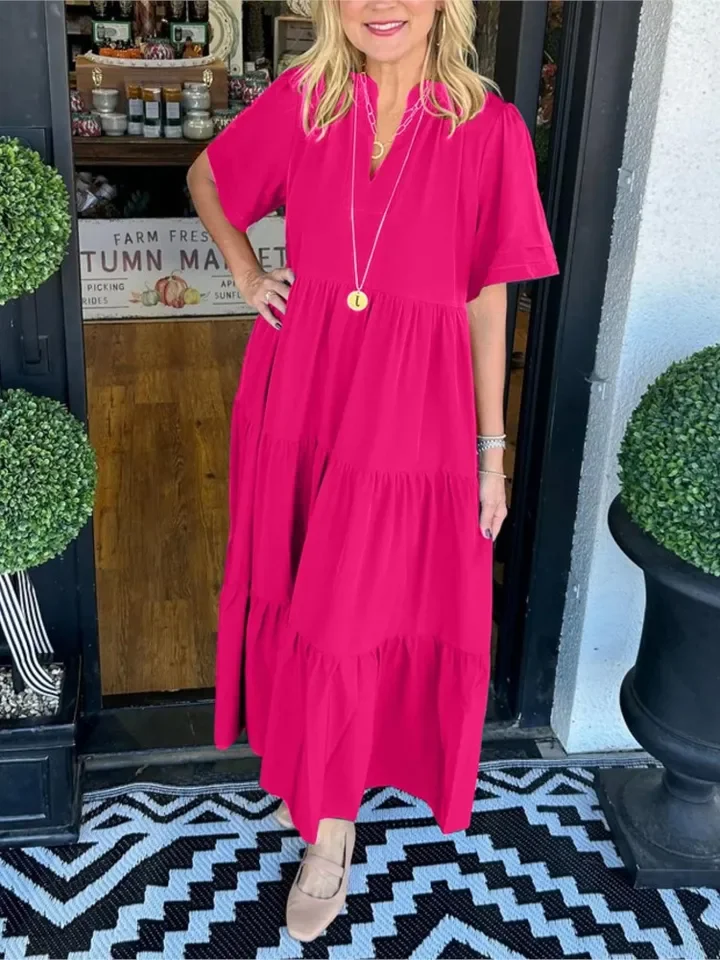 Women's Fashion Ruffles Loose Dress Casual Solid Short Sleeve V Neck Pullover Dresses Robe Femme Holiday Womens Clothing Summer