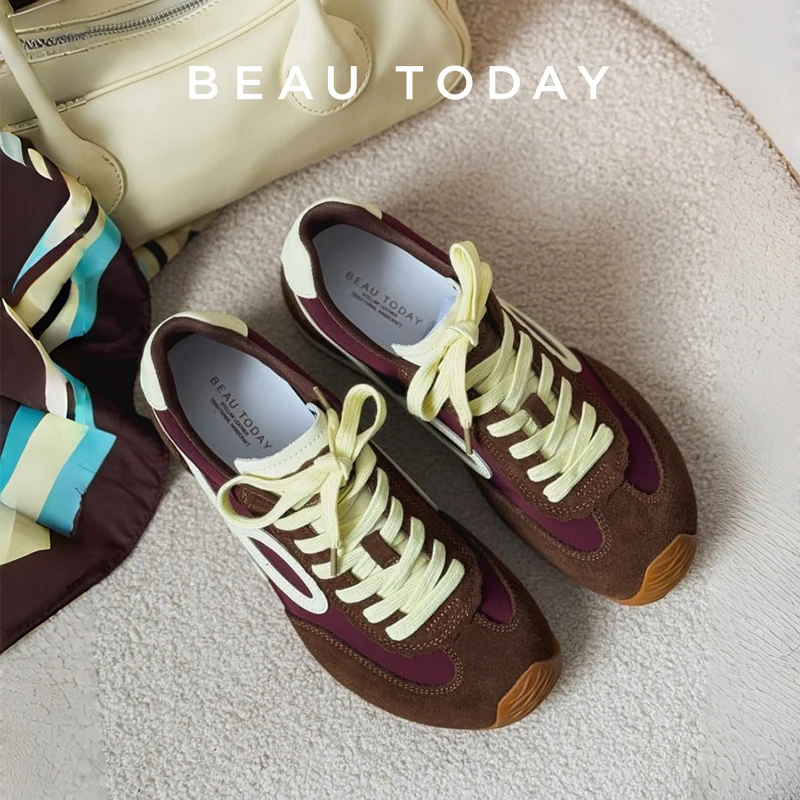 BEAUTODAY Zapatillas informales para mujer de ante y cuero de colores mezclados con punta redonda, zapatillas ligeras con cordones, zapatos de mujer hechos a mano 29980
