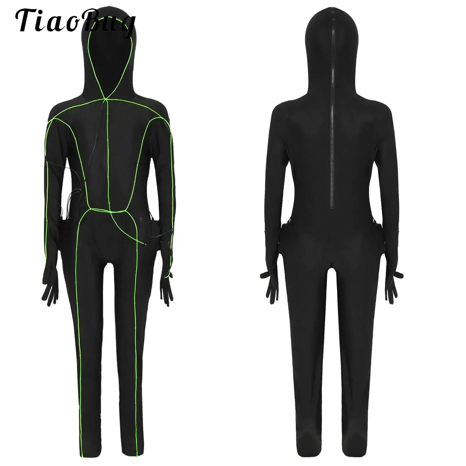 Light Up Jumpsuit for Kids Halloween Alien Cosplay Costume Long Sleeve Full Body Suit with Glow Stick Theme Party Dress Up Set