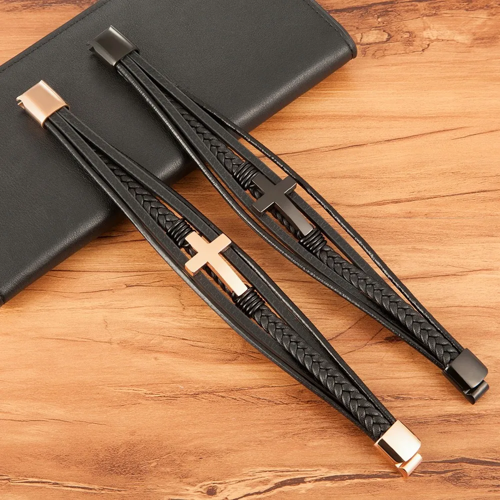 Multicolor Cross Design Classic Metal Clasp Men's Leather Bracelet Adjustable Handsome Christmas Memorial Gifts Jewelry