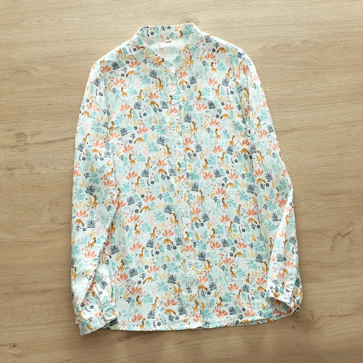 Double-layer Cotton Tulle Long-sleeved Shirt for Women Fresh Printed Small Stand Collar Soft Breathable Top