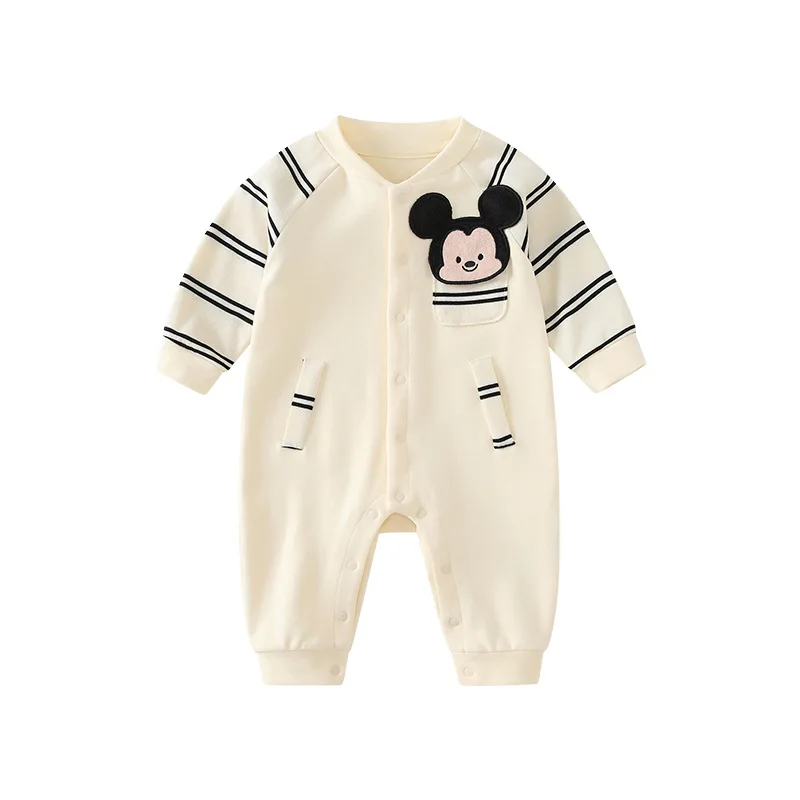

MINISO Mickey Cartoon Baby Boy Spring Infant Rompers Front Open Pocket Onesie Soft Cotton Cute Long Sleeve 0-1 Years Bodysuit