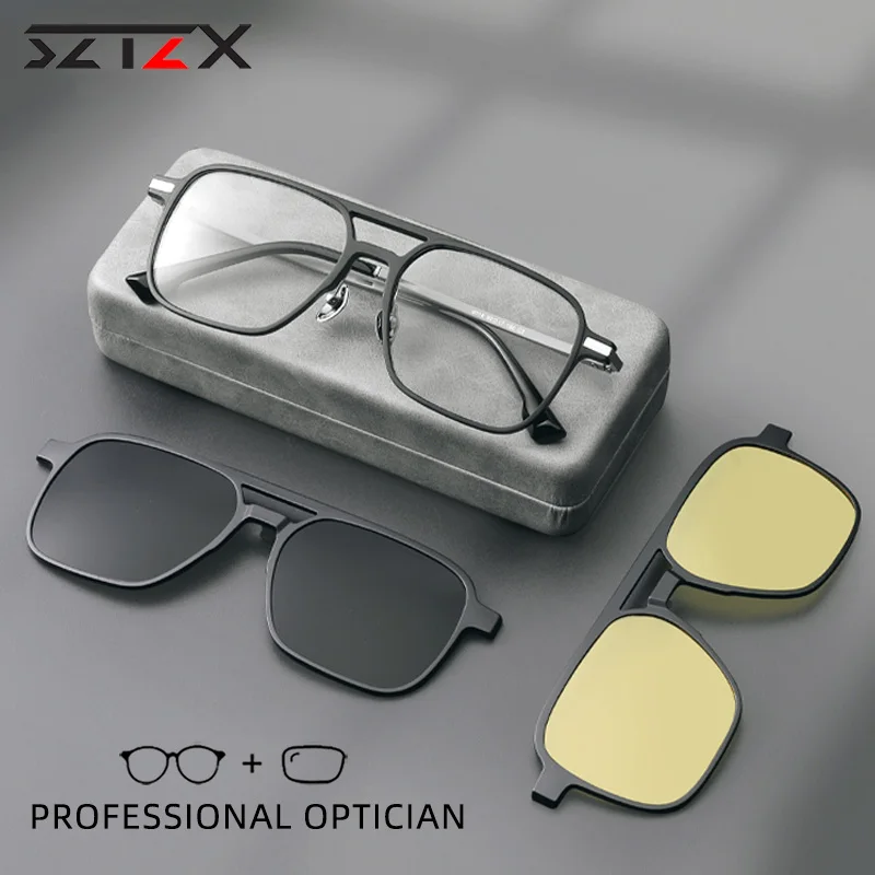 

SZTZX Men Large Magnet Clip On Night Vision Anti Glare Driving Sunglasses With Anti-Blue Ray Myopia Prescription Reading Glasses