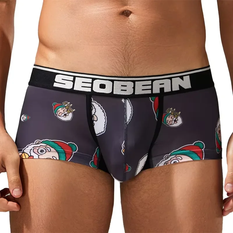 Festive Men Boxer Briefs Christmas New Year Theme Pattern Comfort Breathable Male Flat‑Angle Underwear