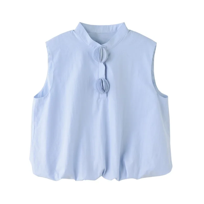 

Blue cotton blended stand-up collar sleeveless bud vest women's summer new short vest skirt set